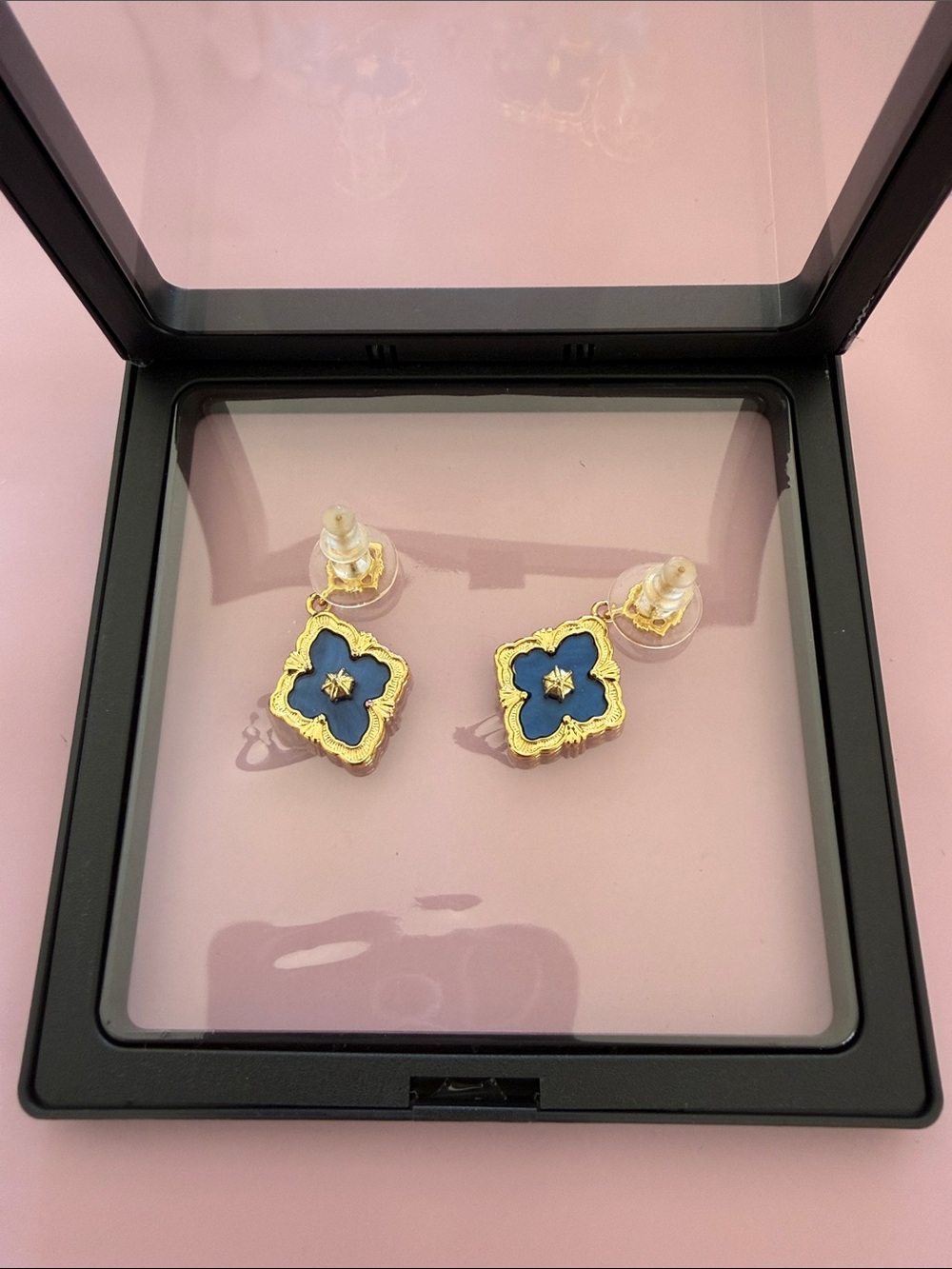 Gold-Tone Blue Clover Stud Earrings